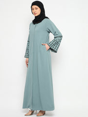 Front Open Sea Green Kefiyyeh Comfotable Embroidery Abaya With Black Hijab
