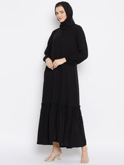 Black Solid Frill Abaya Dress for Women with Black Georgette Scarf