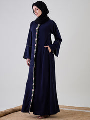 Front Open Embroidery Detailing Blue Abaya Burqa With Black Georgette Hijab