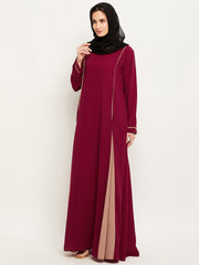 Maroon and Beige A-Line Abaya for Women with Black Georgette Hijab