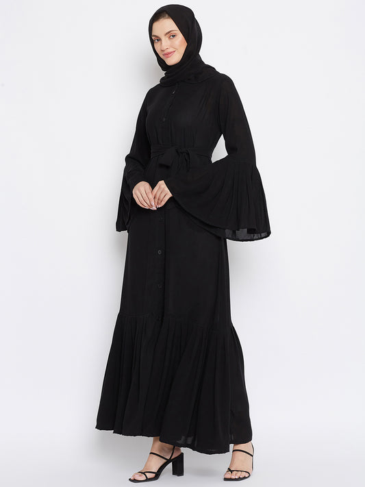 Black Plats Design Front Open Abaya with Black Georgette Hijab