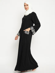 Embroidery Work Solid Black Abaya Burqa For Women With Black Georgette Scarf