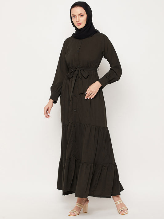 Frilled Olive Green Abaya Burqa For Women With Belt and Black Hijab