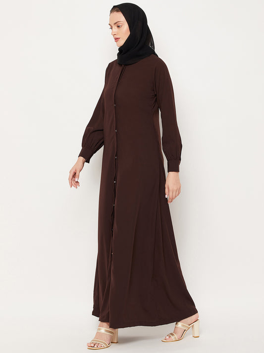 Front Open Brown Solid Mandarin Collar Abaya Burqa With Black Hijab