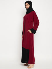 Maroon And Black Women Solid A-Line Abaya Burqa With Black Georgette Hijab