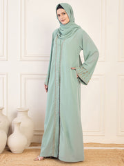 Sea Green Front Open Solid Hand Work Detailing Luxury Abaya Burqa For Women With Matching Hijab