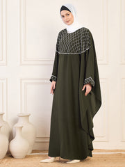 Handworked Olive Green Solid Luxury Kaftan Abaya for Women with White Georgette Hijab