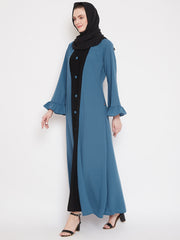 Blue & Black Bell Sleeves Abaya for Women with Black Georgette Scarf