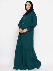 Bottle Green Solid Frill Abaya with Black Georgette Hijab