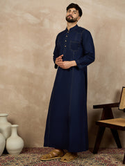 Men's Blue Solid Thread Detailing Cotton Arabic Jubba / Thobe