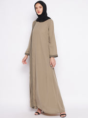 Beige A-Line Abaya with Black Piping for Women with Black Georgette Hijab