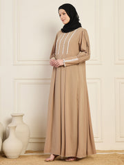 Handworked Beige Solid Luxury Abaya Burqa for Women with Black Georgette Hijab