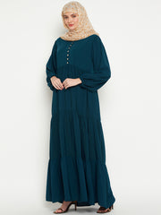 Women Frilled Teal Abaya Burqa With Black Hijab