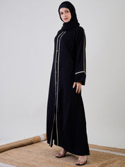 Front Open Embroidered Bell Sleeves Black Abaya Burqa With Black Georgette Hijab