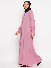Front Open Puce Pink Solid Mandarin Collar Abaya Burqa With Black Hijab