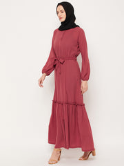 Rust Solid Frill Abaya Dress for Women with Black Georgette Scarf