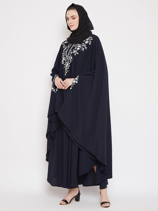 Blue Chikan Hand Embroidered Irani Kaftan Abaya for Women with Black Georgette Hijab