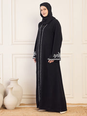 Front Open Black Solid Hand Work Detailing Luxury Abaya Burqa For Women With Black Hijab