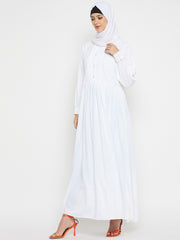 Embroidered White Solid Abaya For Umrah or Hajj with Black Hijab