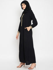 Black Solid Hand Work Detailing Luxury Abaya Burqa For Women