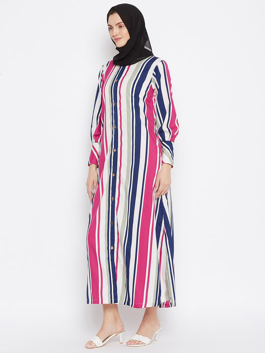 Pink Stripe Front Open Abaya for Women with Black Georgette Scarf