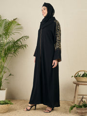 Front Open Black Embroidered Abaya with Black Scarf