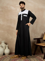 Black Solid Arabic Cotton Thobe For Men with White Piping Detailing