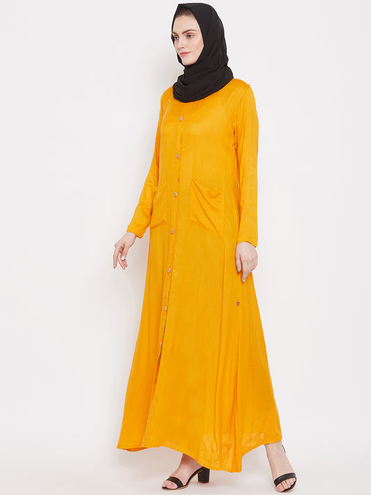 Yellow Rayon Front Open Abaya for Women with Black Georgette Scarf