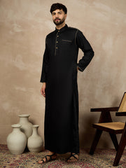 Men's Arabic Black Solid Cotton Thobe With Piping Detailing