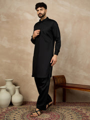 Black Solid Cotton Pathani Kurta Pajama Set For Men