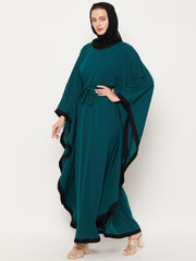 Bottle Green Solid Kaftan Abaya for Women with Black Georgette Hijab