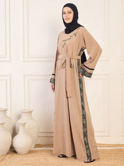 Beige Solid Luxury Hand worked Abaya Burqa for Women with Black Georgette Hijab