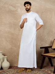 White Solid Half Sleeve Cotton Arabic Thobe/Jubba For Men