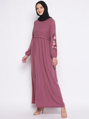 Puce Pink Chikan Hand Sleeve Embroidery Work Abaya for Women with Black Georgette Scarf