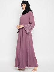 Pink Solid Luxury Abaya Burqa with Hand Work Detailing and Bell Sleeves for Women