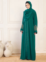 Front Open Bottle Green Solid Hand Work Detailing Luxury Abaya Burqa For Women With Matching Hijab