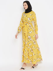 Yellow Floral Printed Crepe Frill Abaya Dress for Women with Black Georgette Scarf