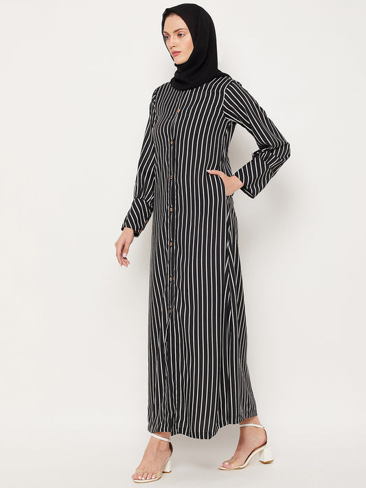 Black Stripe Front Open Abaya for Women with Black Georgette Scarf