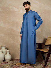 Blue Solid Denim Zip Closure Arabic Jubba / Thobe For Men