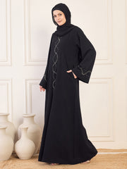 Handwork Detailing & Bell Sleeves Black Solid Luxury Abaya Burqa for Women with Black Hijab