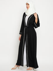 White Lace Design Front Open Black Abaya Burqa with Black Georgette Hijab