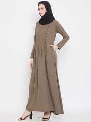 Oat Solid Side Plate Abaya Dress for Women with Black Georgette Scarf