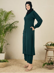 Front Open Green Solid Co-ord Set for Women
