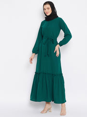 Bottle Green Solid Frill Abaya Dress for Women with Black Georgette Scarf