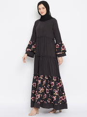 Olive Black Floral Printed Frill Abaya Dress with Black Georgette Hijab