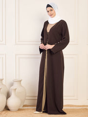 Brown and Beige Solid Shrug Abaya With White Georgette Hijab