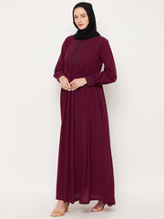 Maroon Solid Lace Work Design Abaya for Women with Black Georgette Scarf