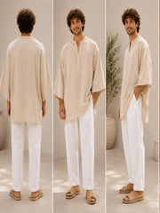 Men’s Beige Linen Relaxed Fit Kaftan Top – Oversized Resort Wear Tunic