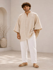 Men’s Beige Linen Relaxed Fit Kaftan Top – Oversized Resort Wear Tunic