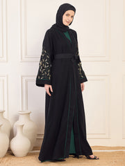 Black and Bottle Green Solid Luxury Hand worked Abaya Burqa for Women with Black Hijab